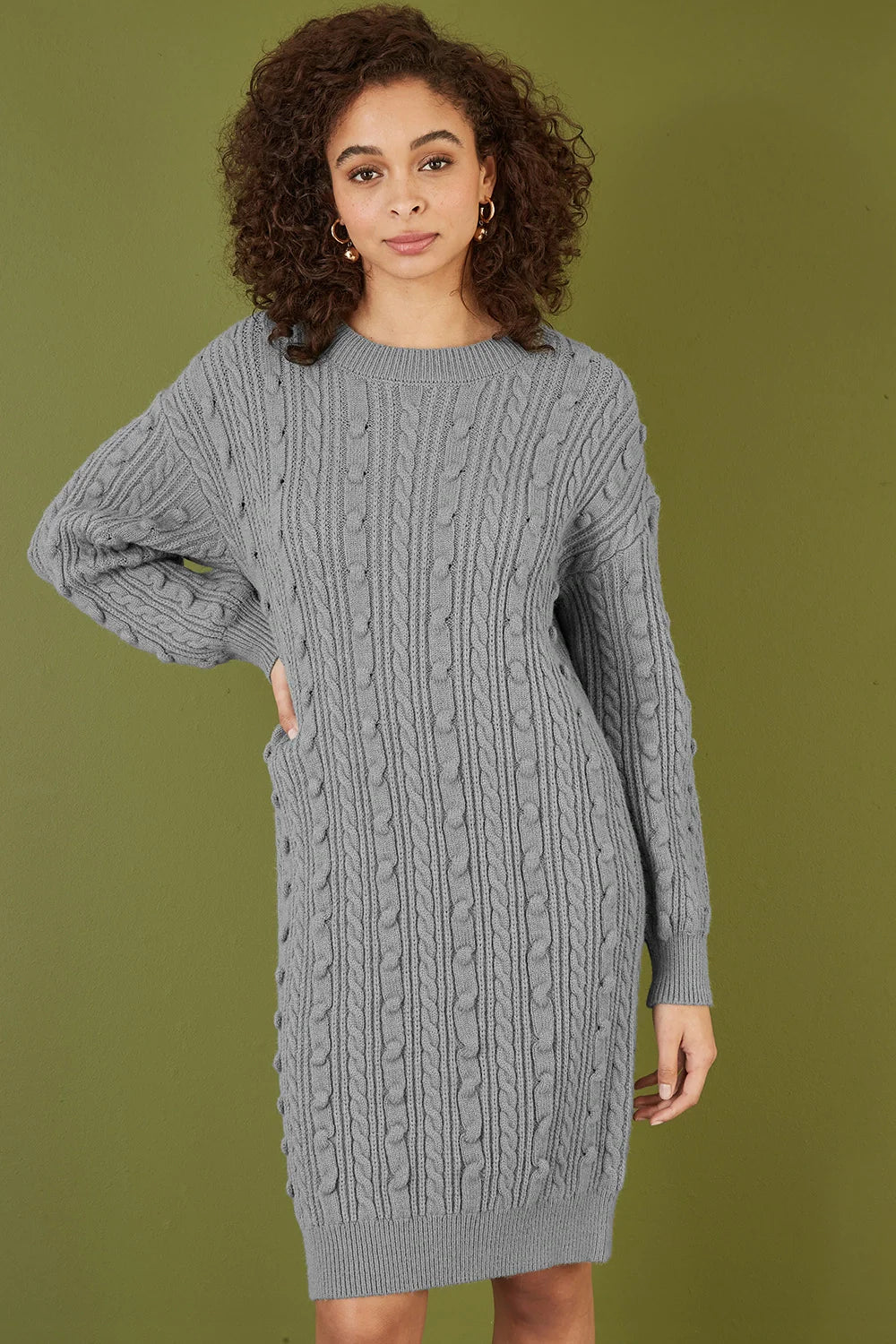 Yumi Grey Cable Knit Tunic Dress