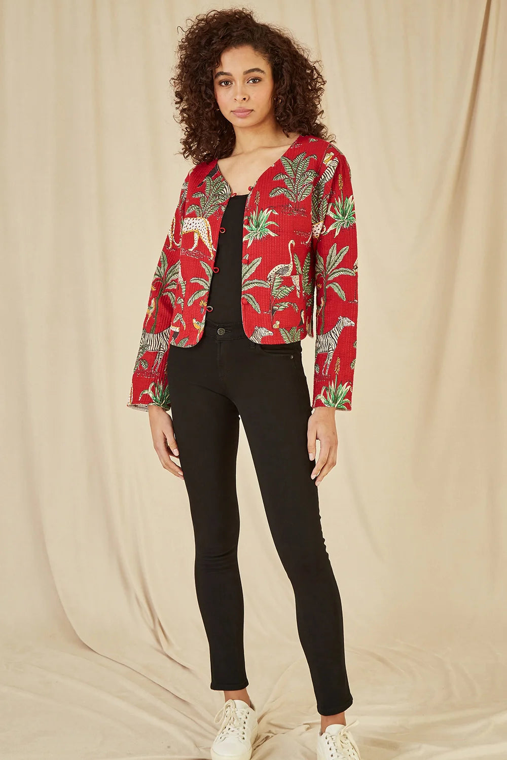 Yumi Red Animal Print Reversible Cotton Cropped Quilted Jacket