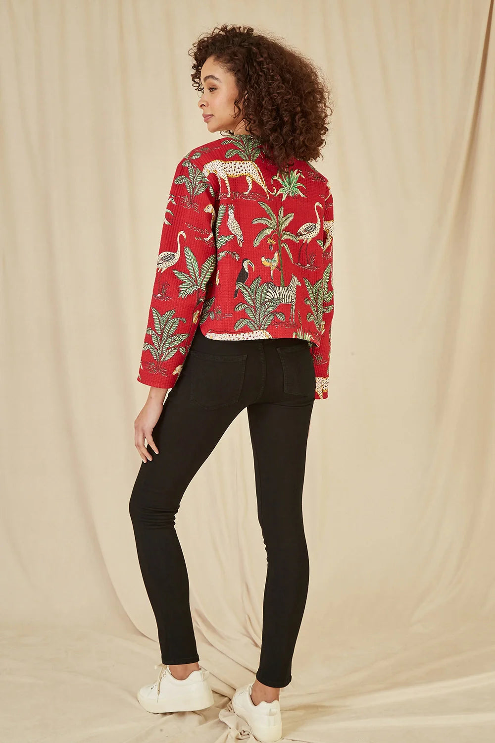 Yumi Red Animal Print Reversible Cotton Cropped Quilted Jacket