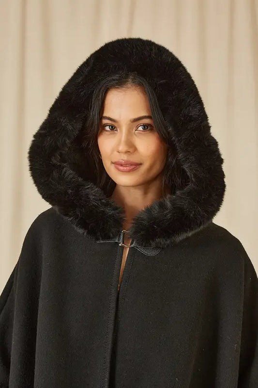 Yumi Black Cape With Luxe Fur Trim And Lining