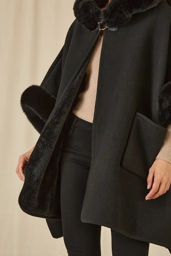 Yumi Black Cape With Luxe Fur Trim And Lining