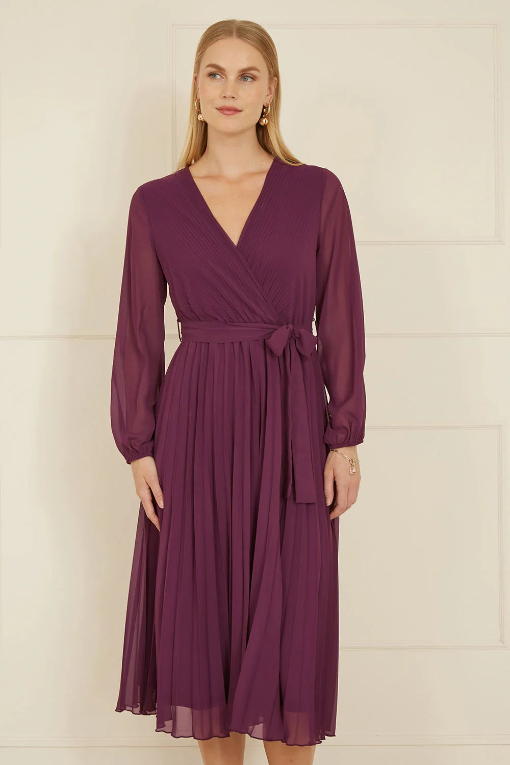 Yumi Plum Pleated Wrap Midi Dress With Sheer Long Sleeves