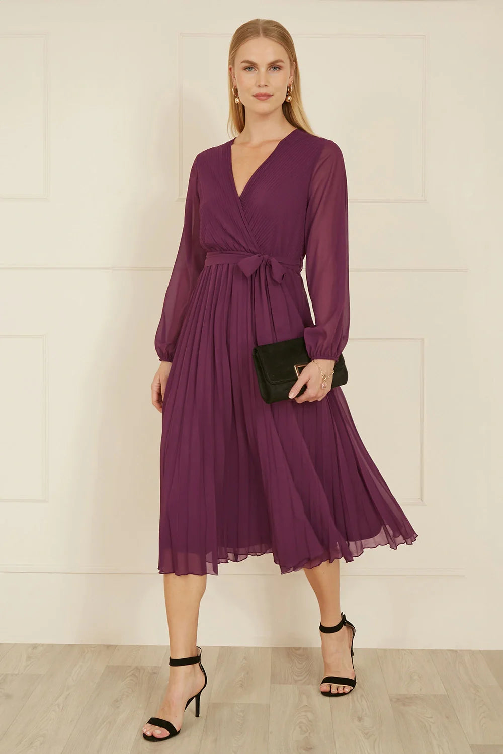 Yumi Plum Pleated Wrap Midi Dress With Sheer Long Sleeves