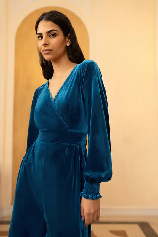 Yumi Teal Velvet Long sleeve Jumpsuit