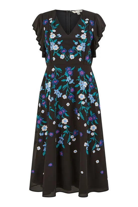 Yumi Black All Over Floral Embroidery Midi Skater Dress
