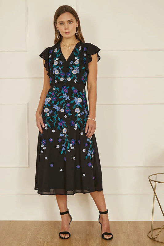 Yumi Black All Over Floral Embroidery Midi Skater Dress