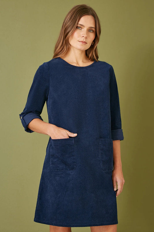 Yumi Navy Cord Tunic Dress With 3/4 Sleeves And Pockets