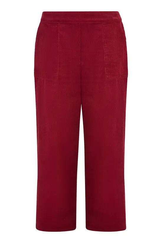 Yumi Burgundy Cord Cropped Wide Leg Trousers With Pockets