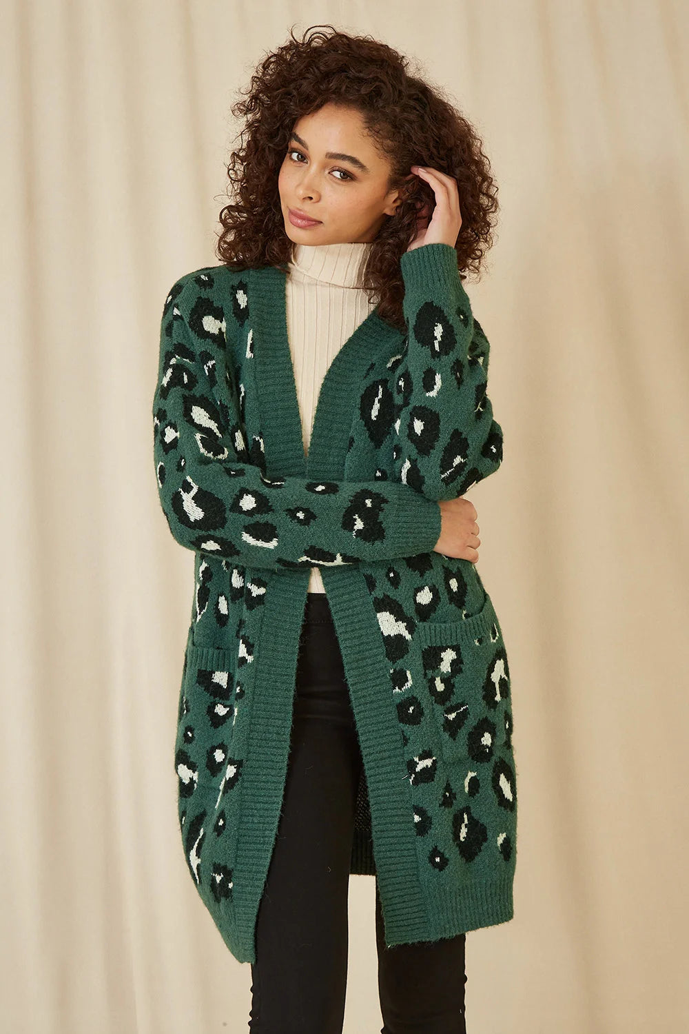 Yumi Green Animal Intarsia Long Cardigan