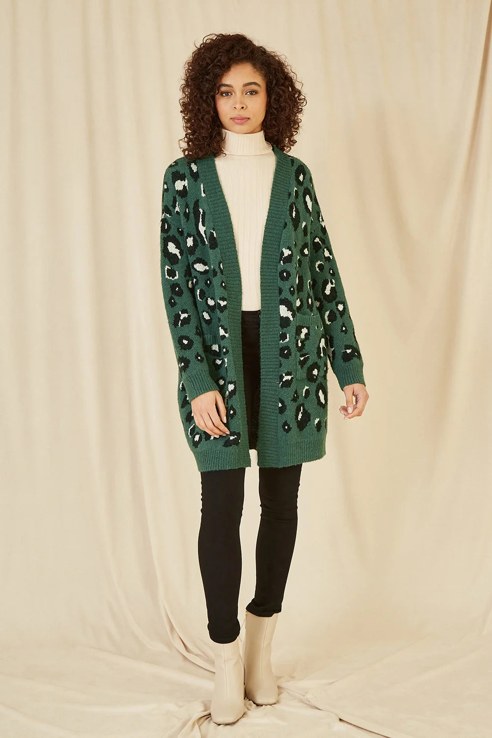 Yumi Green Animal Intarsia Long Cardigan