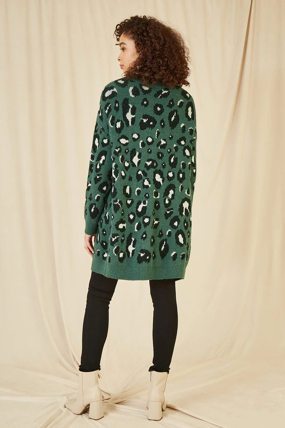 Yumi Green Animal Intarsia Long Cardigan
