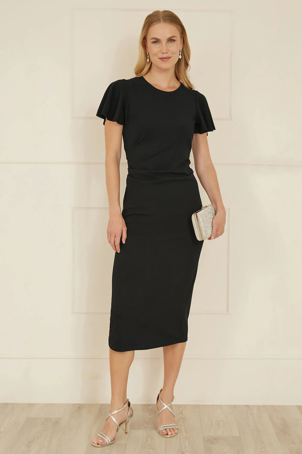 Yumi Black Ruched Waist Stretch Midi Dress