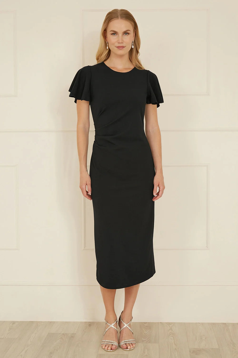 Yumi Black Ruched Waist Stretch Midi Dress