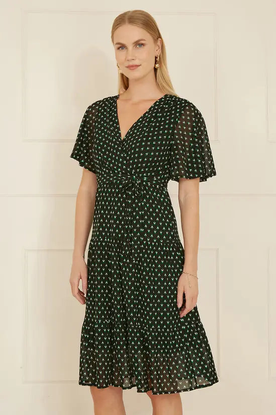 Yumi Black Dot Print Mesh Stretch Midi Skater Dress