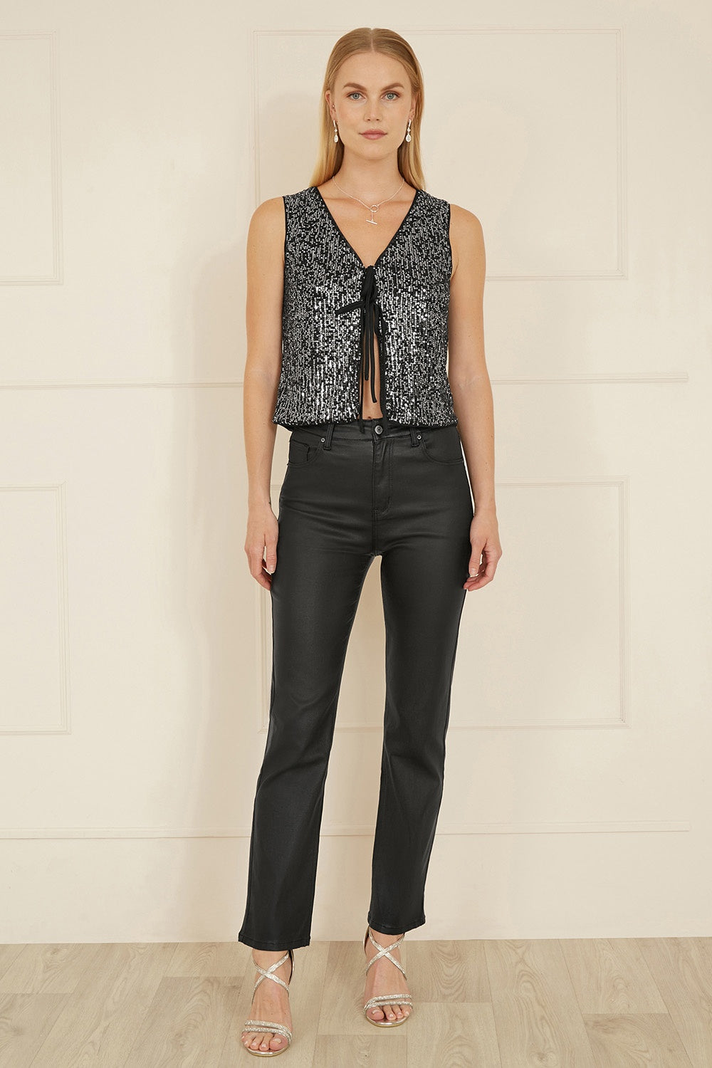 Yumi Black Sequin Tie Front Waistcoat