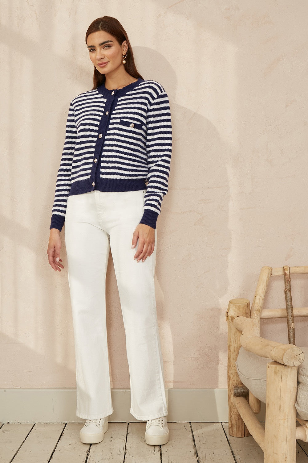 Yumi Navy Stripe Knit Relaxed Fit Cardigan