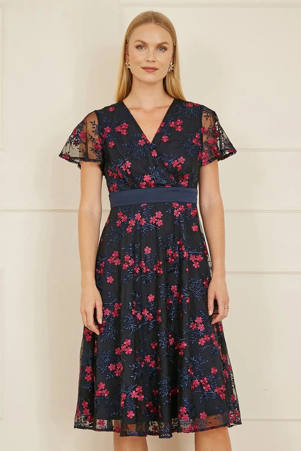Yumi Navy Embroidered Floral Skater Dress