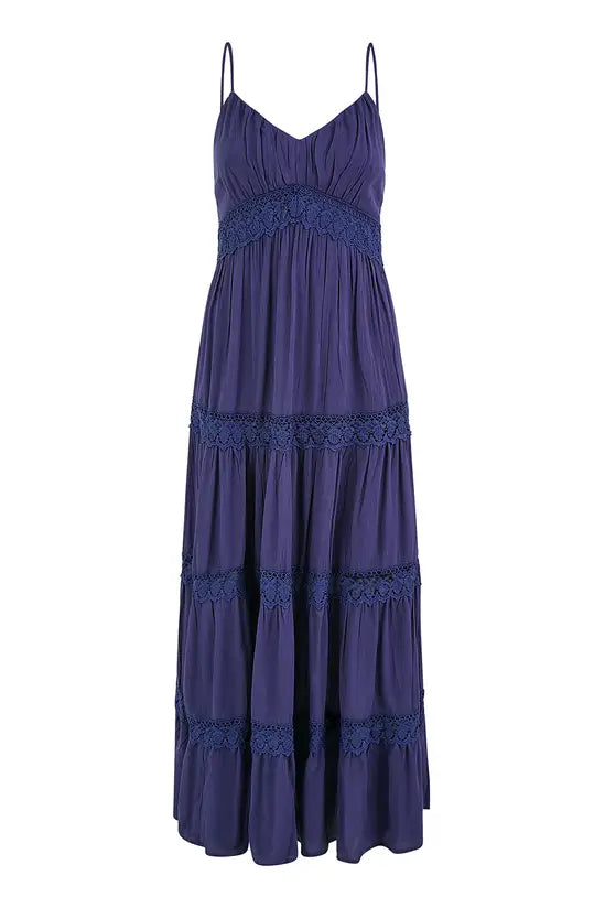 Yumi Navy Lace Tiered Strappy Maxi Dress