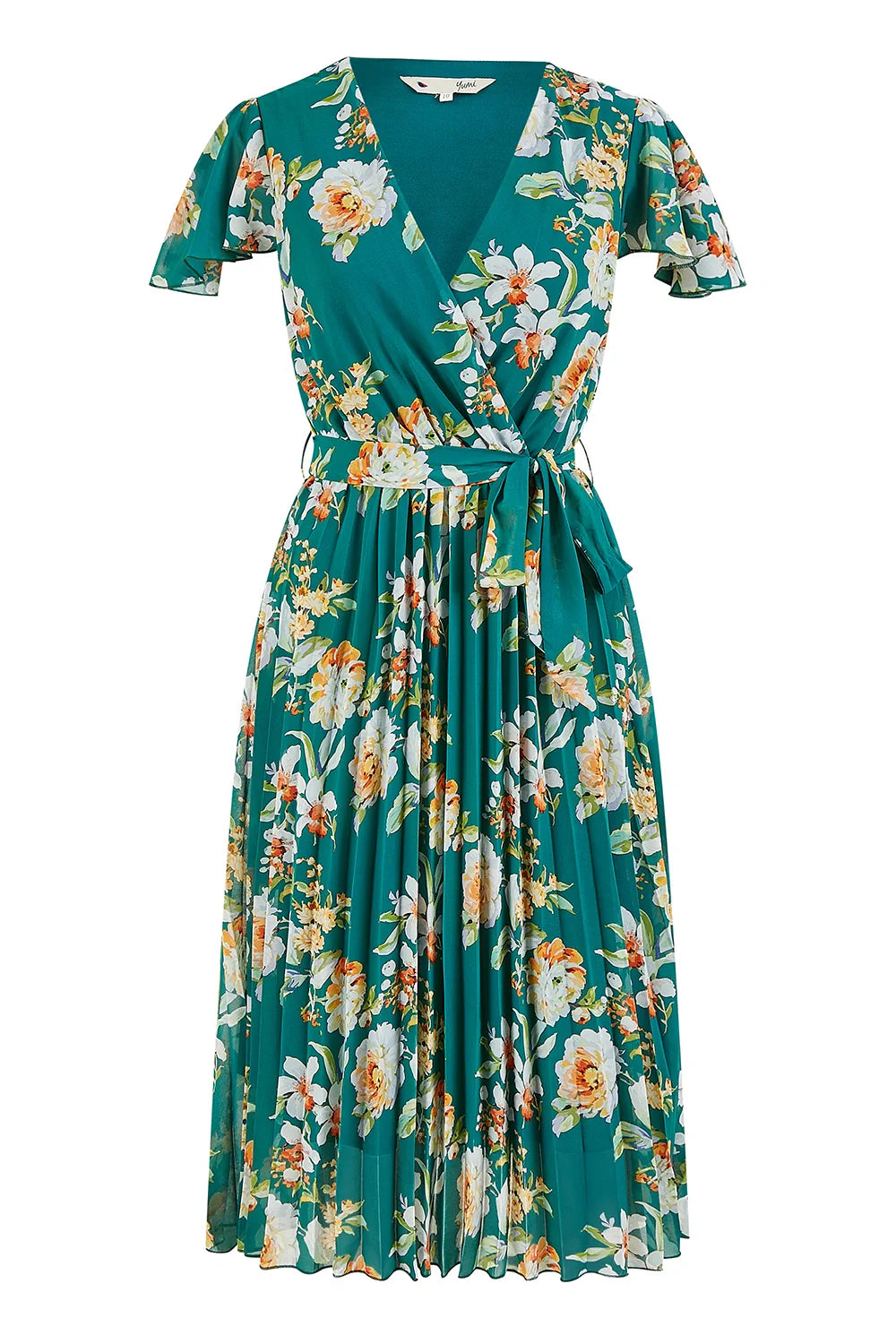 Yumi Green Floral Pleated Wrap Dress
