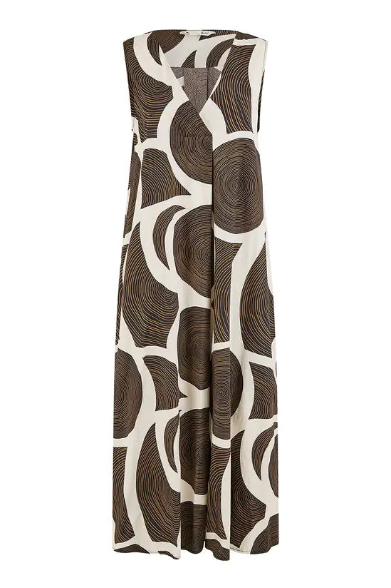 Yumi Brown Cotton Abstract Circle Trapeze Relaxed Midi Dress