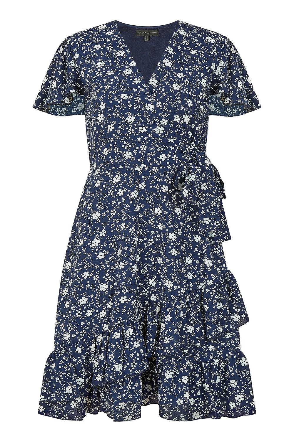 Yumi Navy Ditsy Floral Wrap Frill Dress