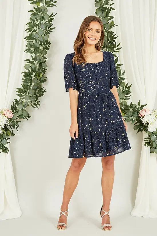 Yumi Navy Star Print Skater Dress