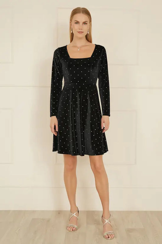 Yumi Black Skater Dress With Diamantes and Long Sleeve