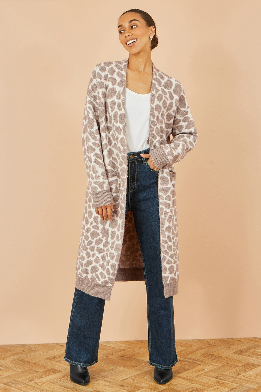 Yumi Beige Animal Intarsia Long Cardigan