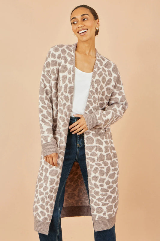Yumi Beige Animal Intarsia Long Cardigan