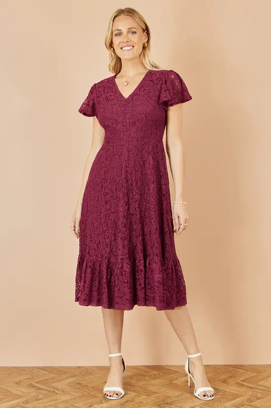 Yumi Burgundy Stretch Lace Puff Sleeve Midi Dress