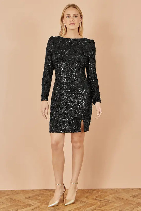 Yumi Black Sequin Long Sleeve Fitted Dress