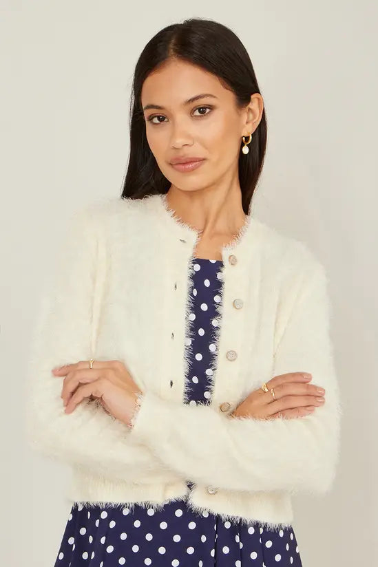 Yumi Ivory Eyelash Knit Cropped Cardigan