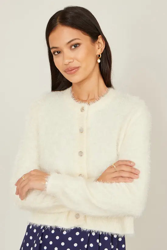 Yumi Ivory Eyelash Knit Cropped Cardigan