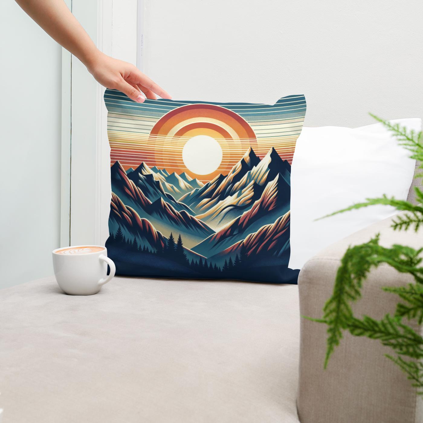Sunset Majesty: Mountain Panoram Cotton Cushion