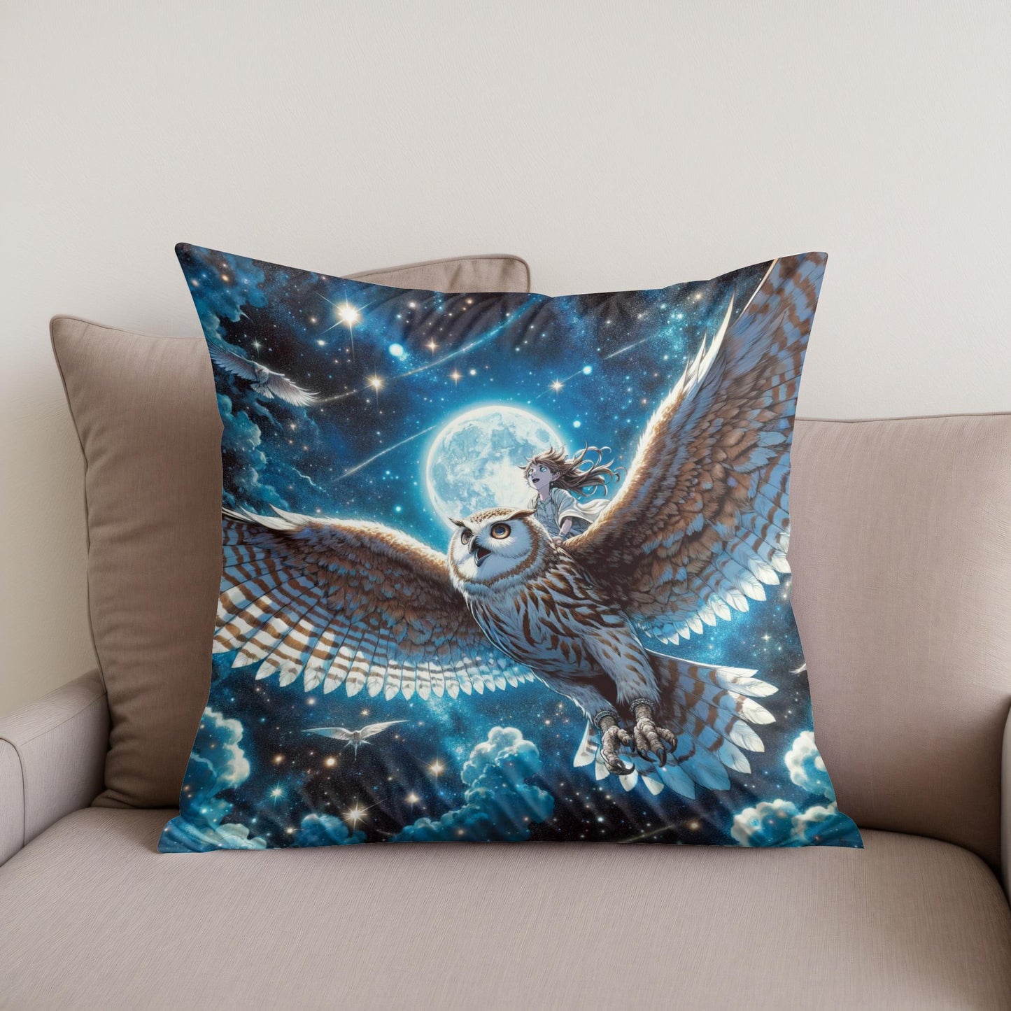 Moonlit Owl Ride Cotton Cushion