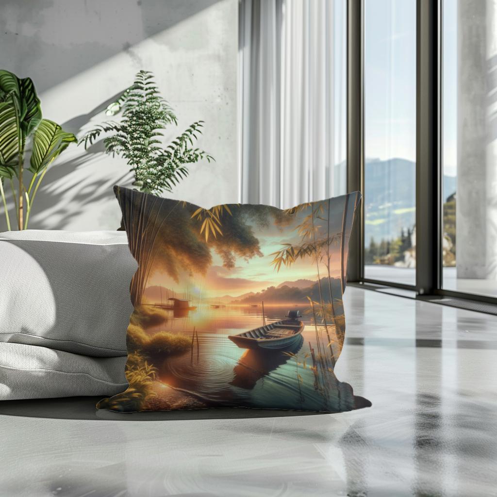 Lakeside Sunset Serenity Cotton Cushion