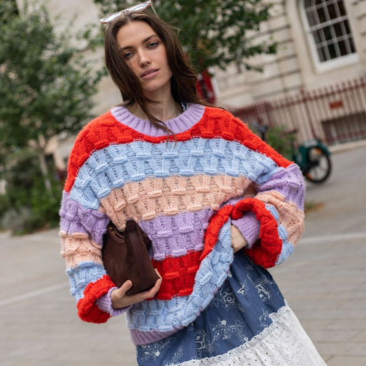 Mandy Criss-Cross Stitch Balloon Sleeve Stripe Jumper - Orange