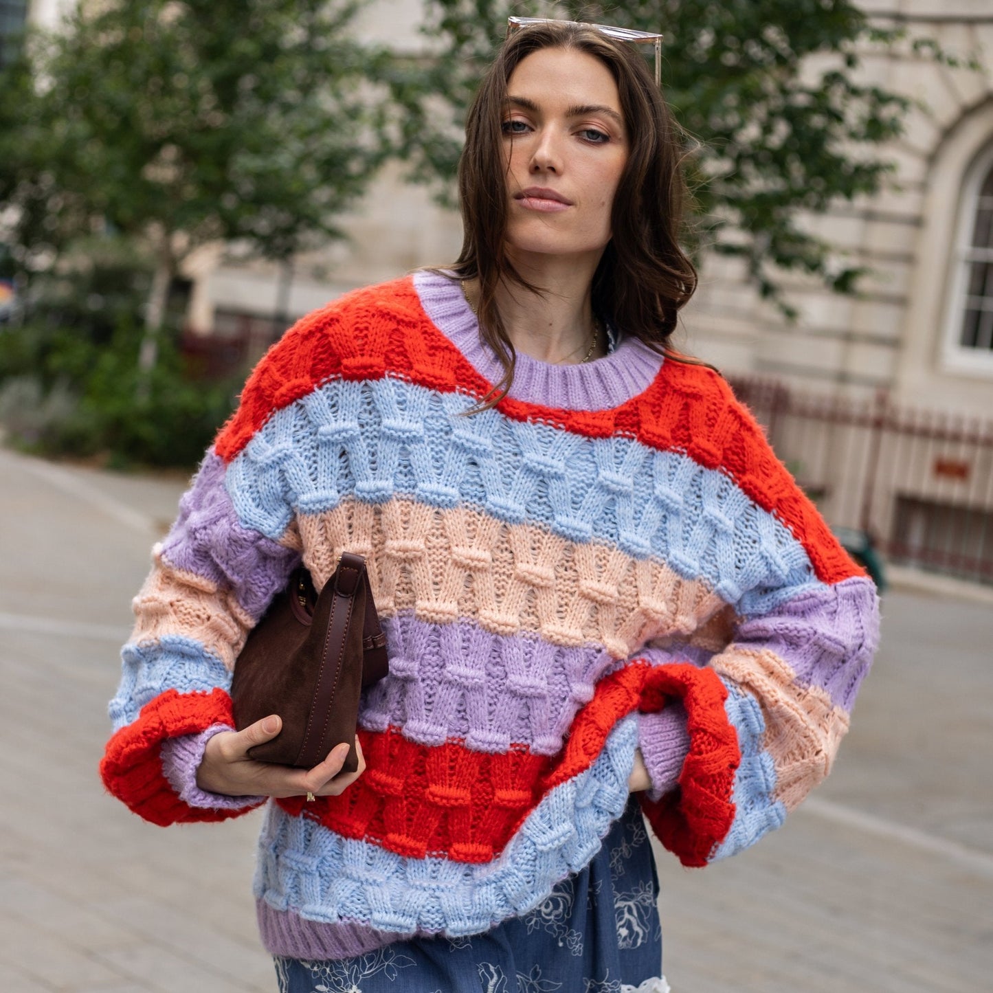 Mandy Criss-Cross Stitch Balloon Sleeve Stripe Jumper - Orange