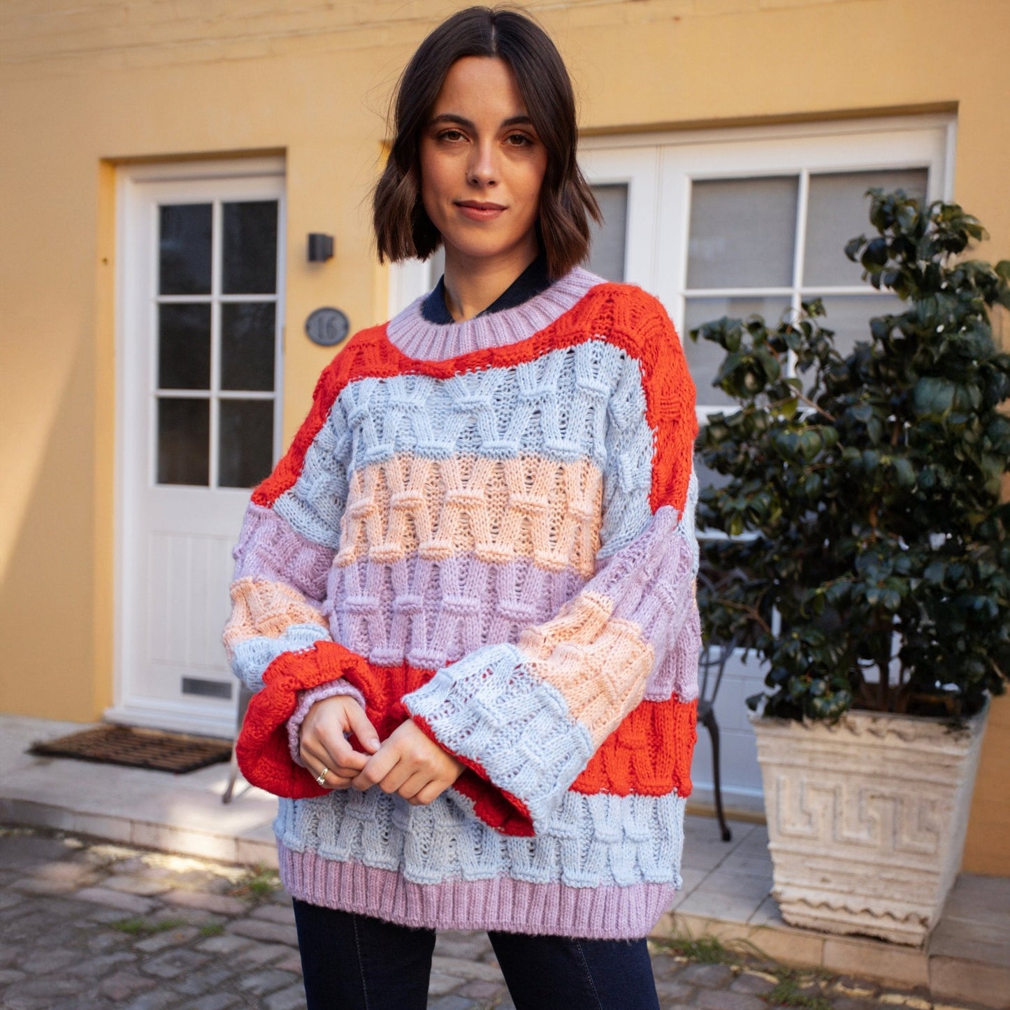 Mandy Criss-Cross Stitch Balloon Sleeve Stripe Jumper - Orange