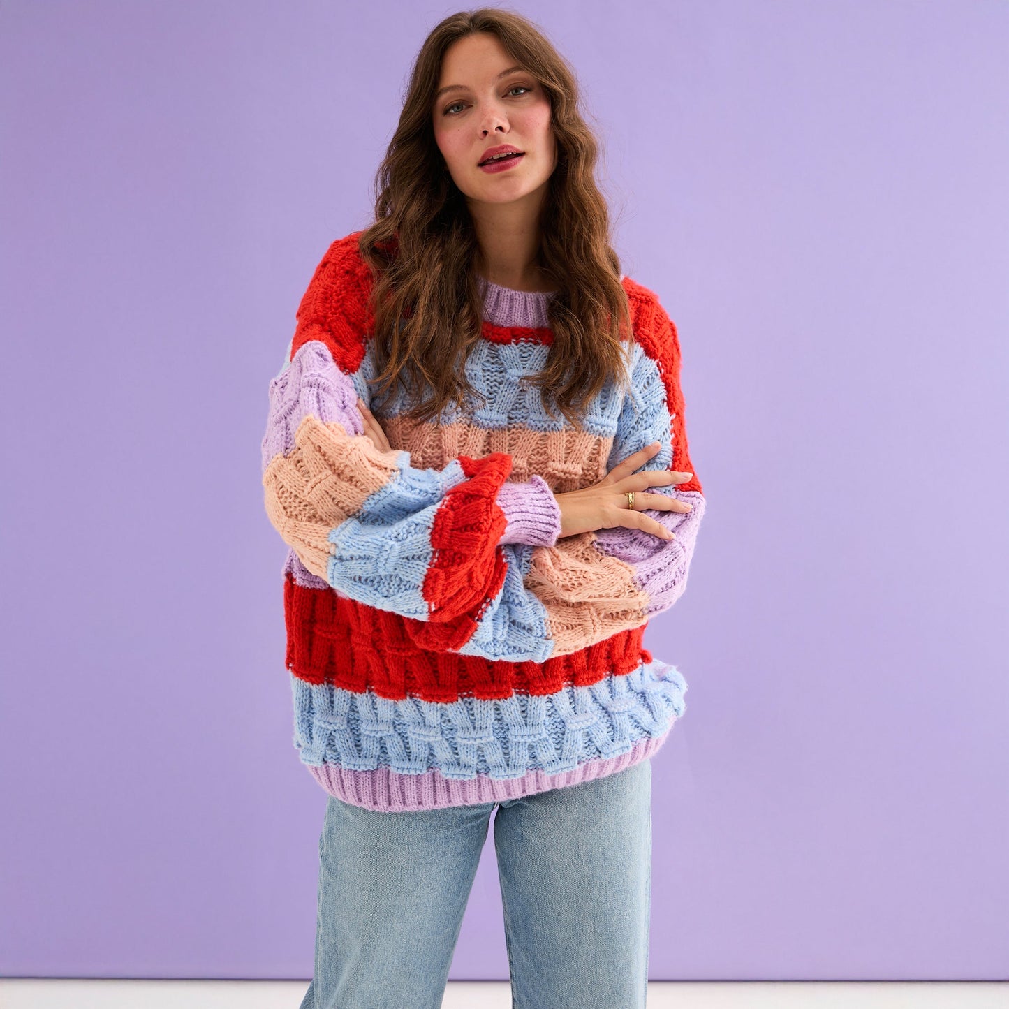 Mandy Criss-Cross Stitch Balloon Sleeve Stripe Jumper - Orange