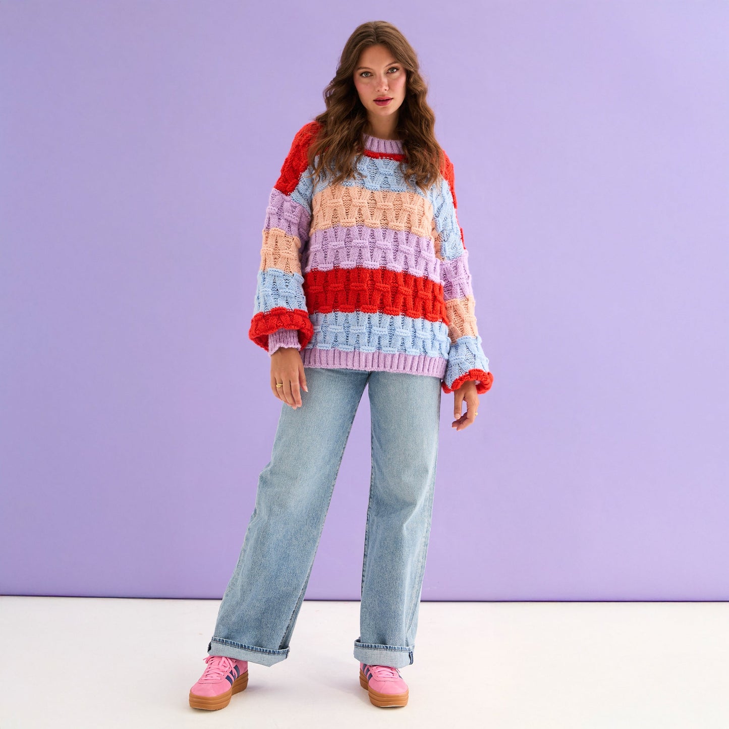 Mandy Criss-Cross Stitch Balloon Sleeve Stripe Jumper - Orange