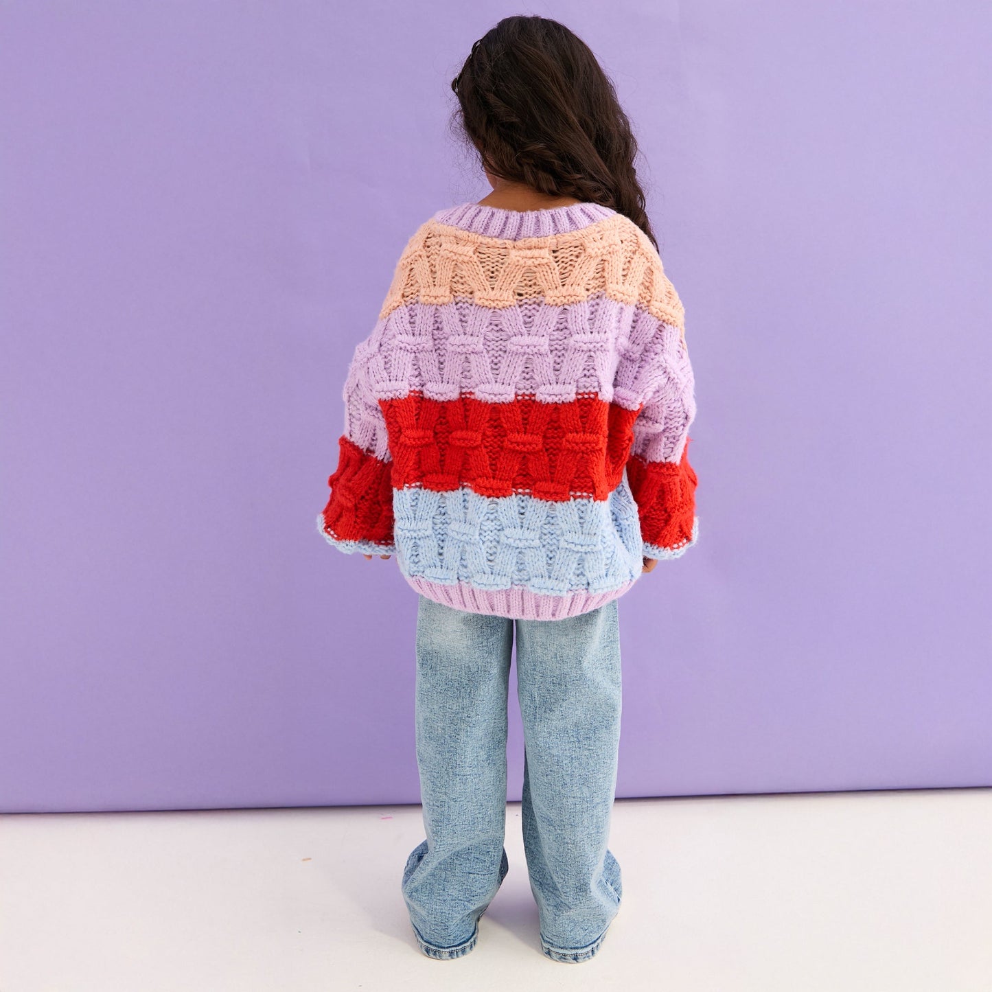 Mandy Kids Criss-Cross Stitch Balloon Sleeve Stripe Jumper