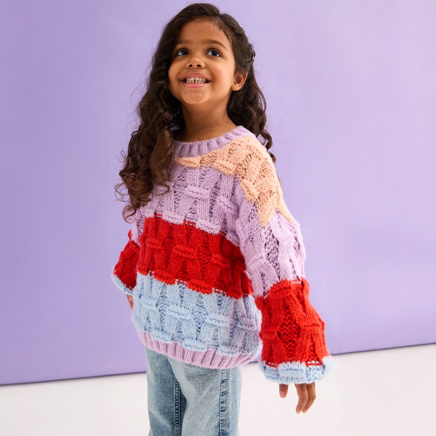 Mandy Kids Criss-Cross Stitch Balloon Sleeve Stripe Jumper