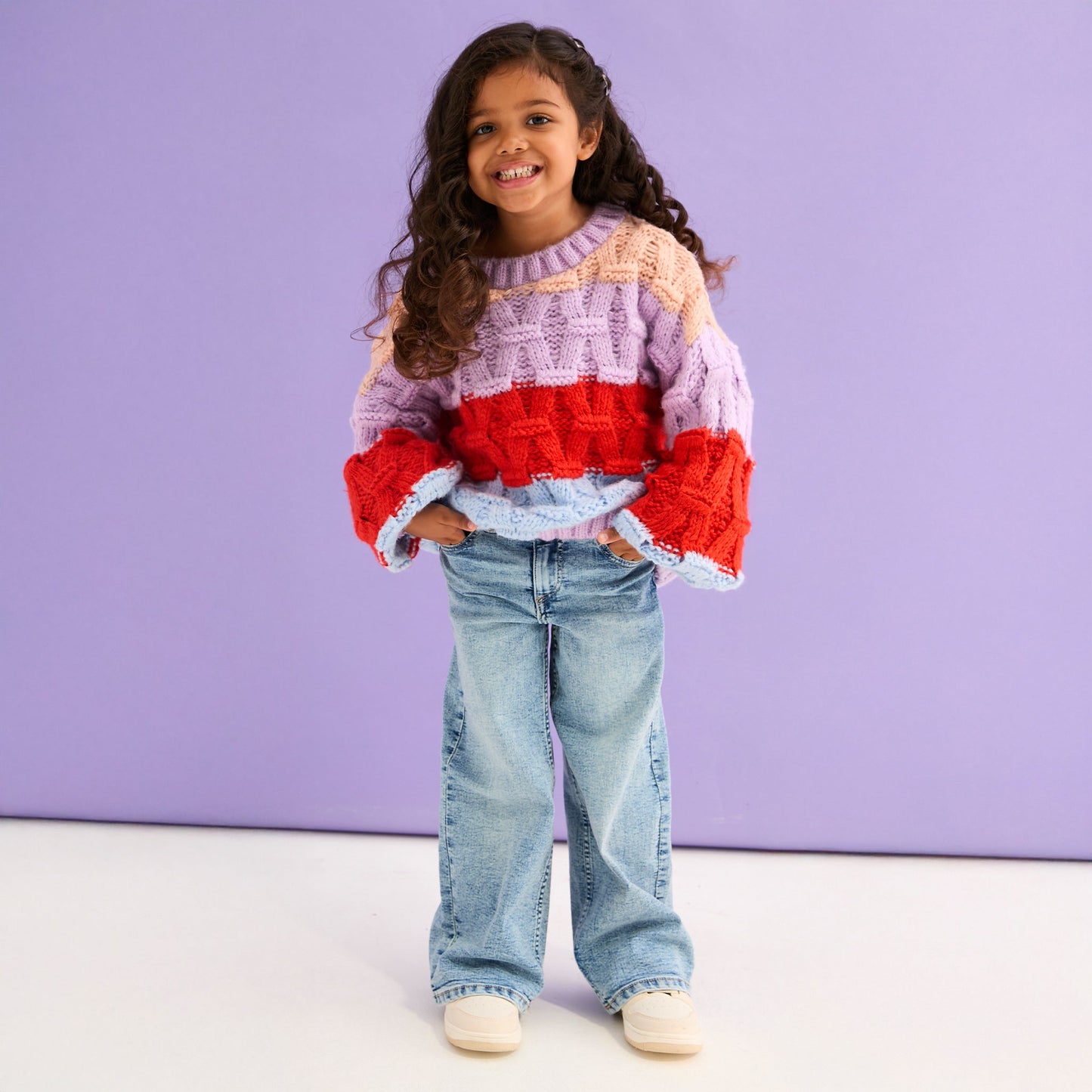 Mandy Kids Criss-Cross Stitch Balloon Sleeve Stripe Jumper