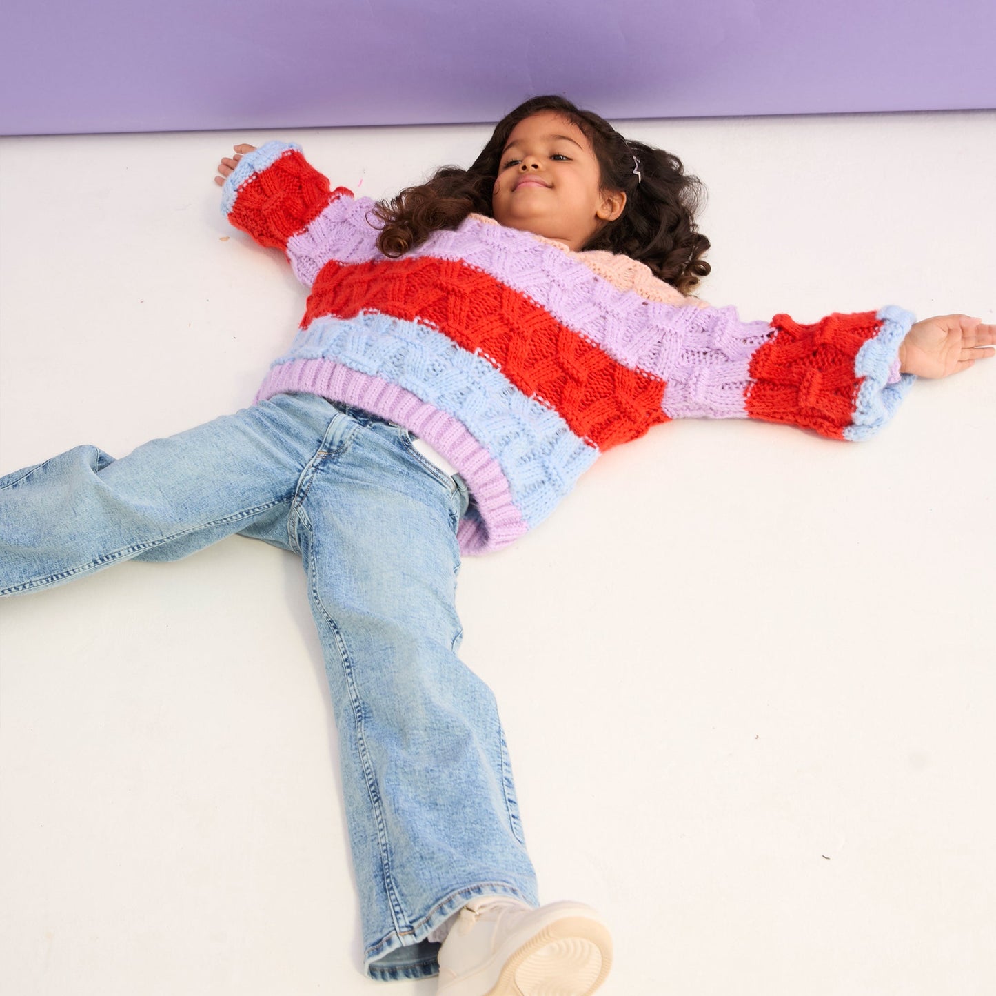 Mandy Kids Criss-Cross Stitch Balloon Sleeve Stripe Jumper