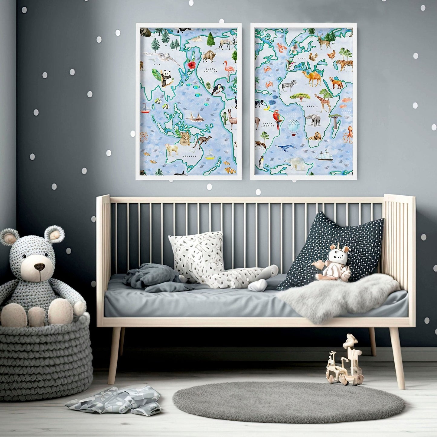 Childrens world map | set of 2 Wall art for Nursery