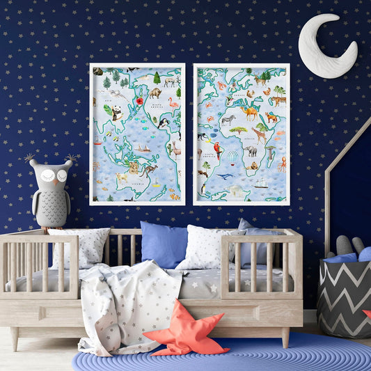Childrens world map | set of 2 Wall art for Nursery