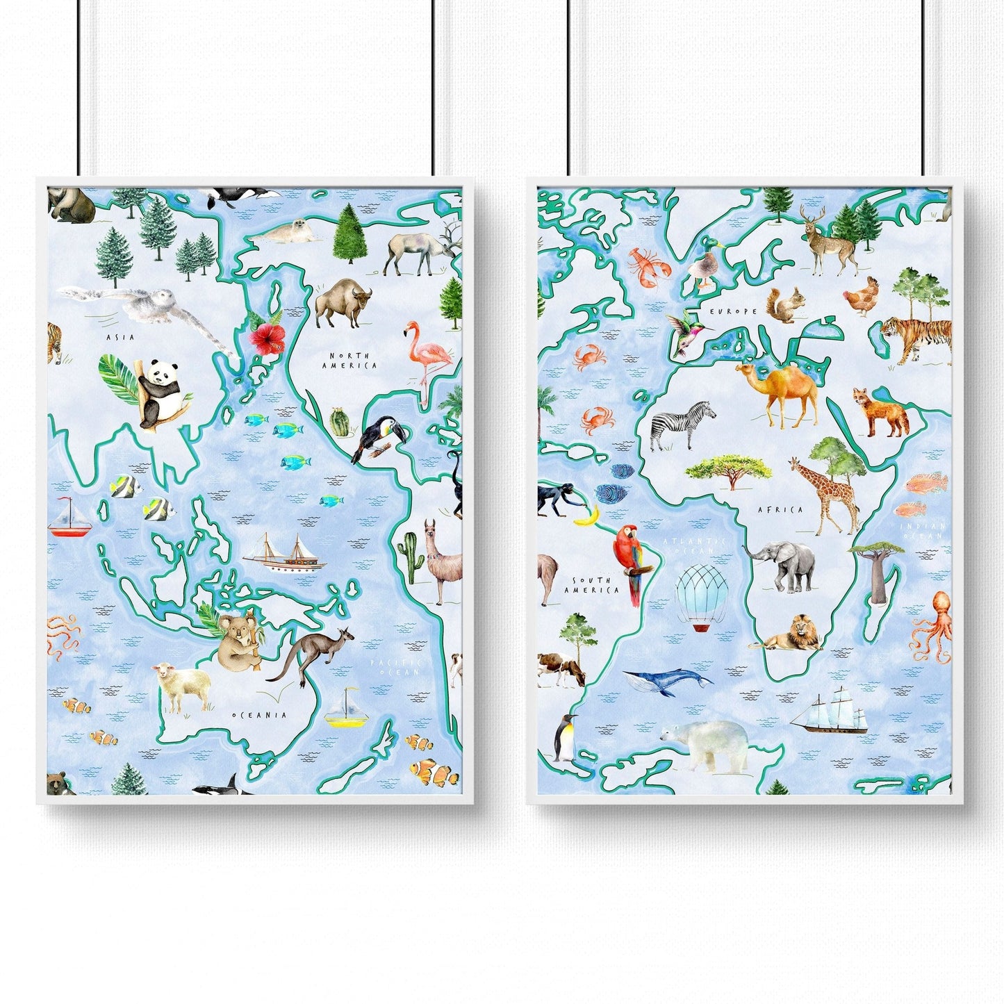 Childrens world map | set of 2 Wall art for Nursery