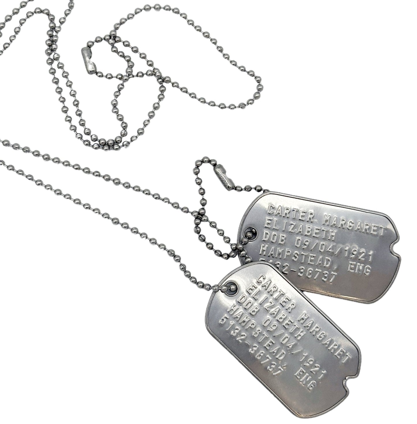 Margaret Elizabeth 'Peggy' Carter WWII Style Military Dog Tags Prop Replica - Notched pre 1965 WW2 - Stainless Steel - Chain Included