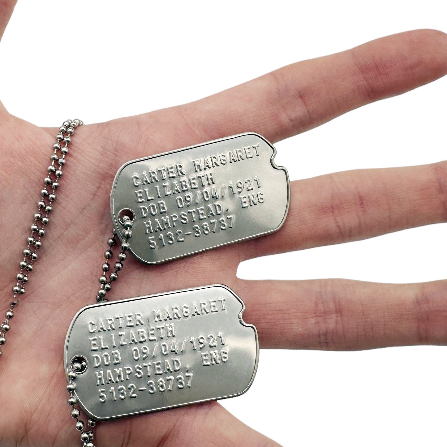 Margaret Elizabeth 'Peggy' Carter WWII Style Military Dog Tags Prop Replica - Notched pre 1965 WW2 - Stainless Steel - Chain Included
